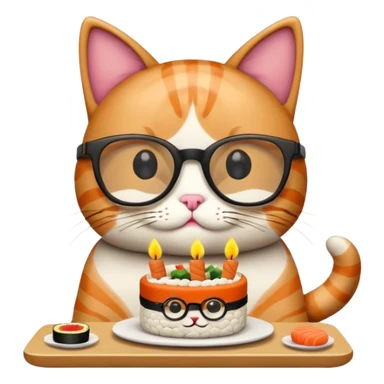 cat with cool square glasses eating a birthday cake made out of sushi sticker
