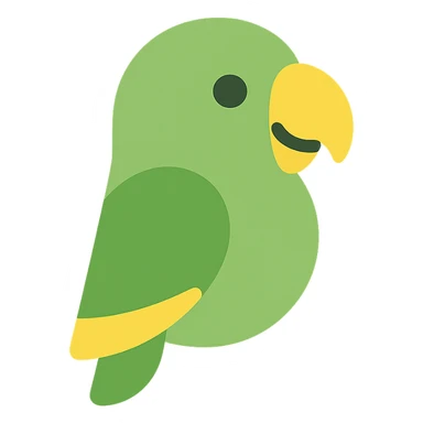 chimelo, a simple and bold parrot mascot, green with yellow accents, looking cheerful sticker