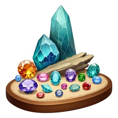 Icon for Mineral, Stone & Fossil Collecting: a display of various colorful minerals, gemstones, and fossils, arranged neatly on a table or shelf. The icon should reflect the beauty and scientific interest of collecting natural specimens. Transparent background. sticker