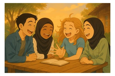Continuation of the image: The whole group is laughing together, a gentle breeze blowing, joyful atmosphere, original faces preserved as much as possible, in Ghibli style, same outdoor setting. sticker