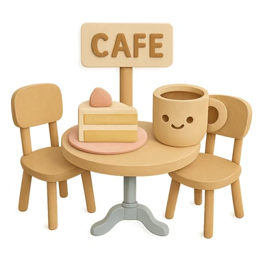Regenerate a kawaii coffee shop table and chairs set with cake and coffee in the same paper craft style as the reference image. Enhance the quality with more detail, soft pastel colors, and maintain the transparent background and hand-drawn look. Emphasize cuteness and texture in the design. sticker