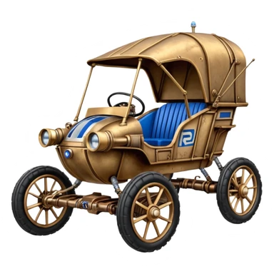 Old American West tarnished R2D2 C-3PO bounty hunter 1854 delicately ornate rosegold accents painted dune buggy buckboard wagon powered by electric motors and batteries with safety and belts flying rapidly roughening terrain stable on strong agile steampunk cantilever suspension and steering  sticker