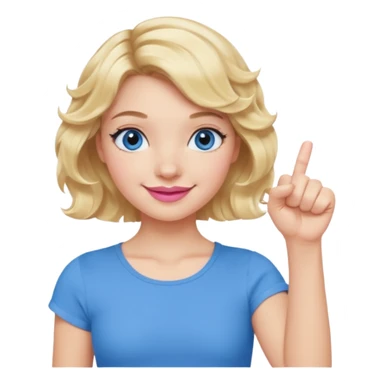 Girl Blonde short wavy hair,  blue eyes, cute blue top, long lashes, pink lips, smiling, fist bump sticker