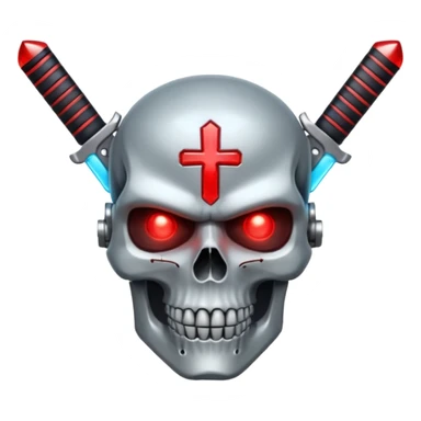 Sci-fi shield badge, terminator style skull, glowing red eyes, crossed futuristic sable and energy sword, no background sticker