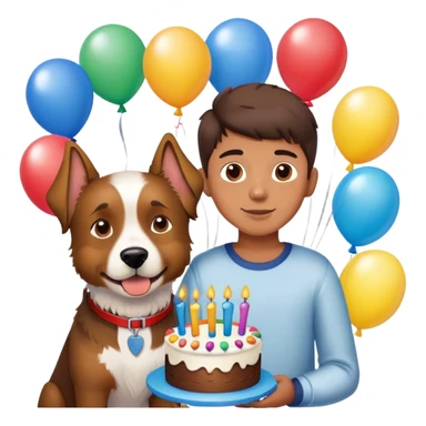 boy and his dog at party with balloons and cake sticker