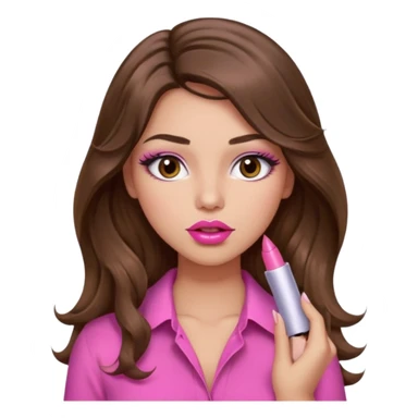 girl with long wavy brown hair, brown eyes, light to medium complexion, in a pink sexy shirt, pink lips, long lashes, puckered lips, putting on lipstick sticker