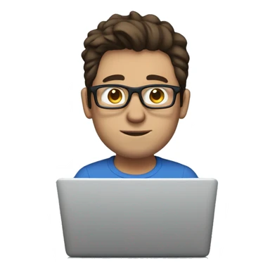white guy with no beard dark brown hair brad pit style and square glasses typing in laptop wearing blue t-shirt sticker