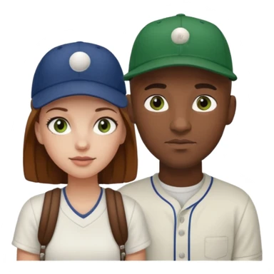 Black bald guy baseball cap  white girl brown hair green eyes sticker