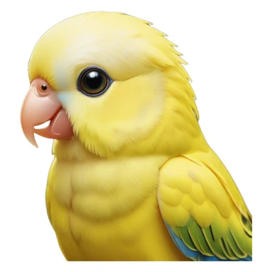 Cinematic Noble Yellow Budgie Portrait Emoji, Poised and regal, with a petite, delicate build and a smooth, well-groomed fur of brilliant yellow feathers, deep-set soulful dark eyes, Simplified yet sharp and sophisticated features, highly detailed, glowing with a soft, dignified glow, high shine, intelligent and charming, stylized with an air of elegance, focused and attentive, soft glowing outline, capturing the essence of a watchful and confident avian companion, so majestic it feels as though it could flutter out of the screen with effortless authority! sticker