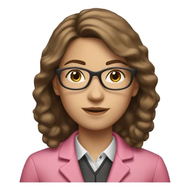A girl teacher with brown hair, glasses and a pink jacket sticker