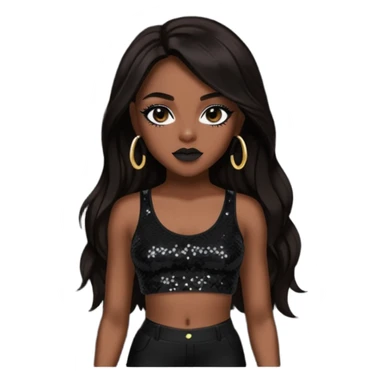 Aaliyah with black sequin crop top and pants, long dark brown hair sticker