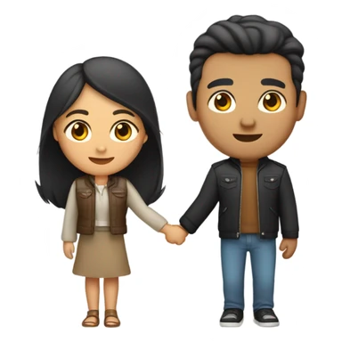 a couple holding hands. the guy has black middle part hair and is Persian and Filipino mix, wearing a jacket. the girl has brown medium length hair white and asian mix, wearing a crop top. sticker