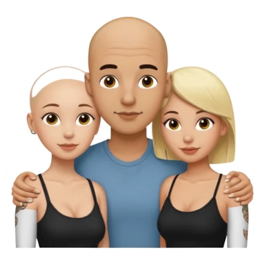 throuple tatted bald boyfriend with blonde girl friend and brunette girlfriend sticker