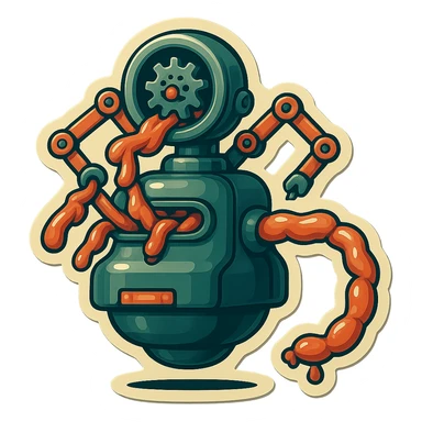 sausage-processing droid. retro-futuristic style. top is a large circular industrial grinder rotating gears and blades. Two robotic arms feed material into grinder. Sausage links extrude from the rear like  factory. The body is metallic, compact, and floats above the ground.no legs. Dark humor sticker