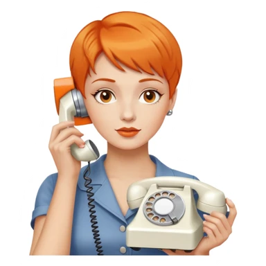 woman with short orange hair holding a vintage white phone to her ear, upper body sticker