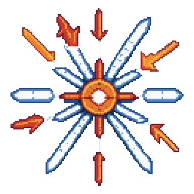 Bomb range power-up sprite, 64x64 pixels, explosion with red and orange arrows extending outward in four directions, target/bullseye design, vibrant red/orange color palette, clean pixel edges, recognizable icon that represents increased blast radius sticker