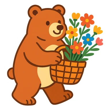 bear carrying a basket of wildflowers, soft pastel brown and cream, vibrant toon style sticker