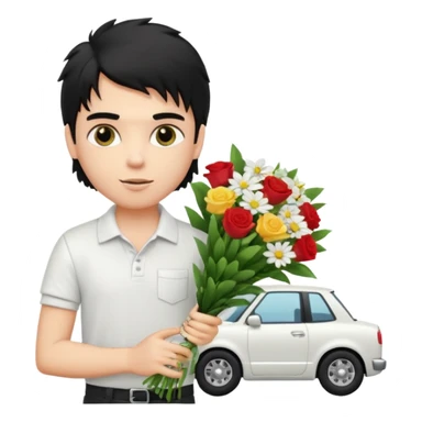 generate a pretty fair bratz boy with a messy mullet (black hair), wearing a white polo.  carrying a bouquet made of money. expensive car behind him sticker