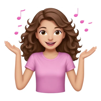 girl with wavy long brown hair, brown eyes, light to medium complexion, long lashes, light pink lipstick, smiling, wearing light pink shirt, dancing sticker