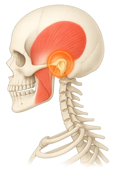 focus su muscolo temporale illuminato con un cerchio sticker