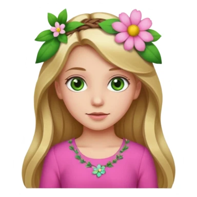 Girl profile picture with long browne and blonde hair and green eyes and a flower in her hair. and a pink outfit sticker