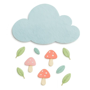 whimsical cloud raining tiny leaves and mushrooms, soft pastel colors sticker