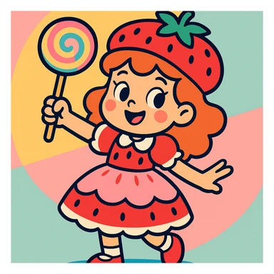 little girl in a strawberry shortcake dress, holding a candy wand, pastel background, vibrant toon style sticker