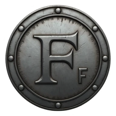 Minimal emoji, gothic metal coin made of black steel, engraved number f at the center, ancient industrial aesthetic, worn metal texture, no glow, no neon, flat emoji design, centered, transparent background sticker