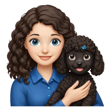 Brunette girl with long wavy hair and blue eyes holding black puppy poodle with brown eyes sticker