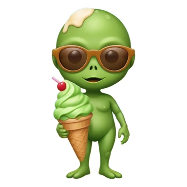 Green alien with ice cream and sunglasses on beach sticker