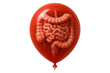 intestino umano anatomico chiuso in un palloncino rosso, iperrealistico 4k sticker