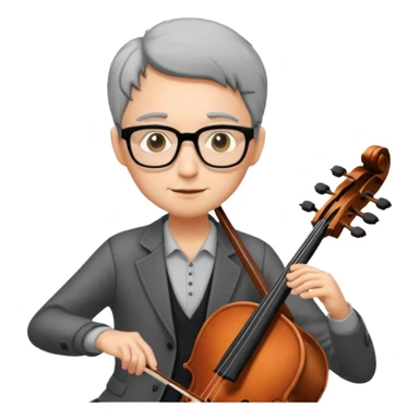 an emoji of my mum playing the cello, she has short black-ish gray hair, wears glasses, she is small sticker