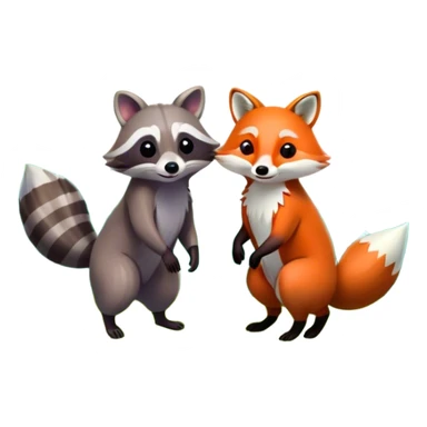 raccoon and a fox in a colorful forest with vibrant green trees, bushes and flowers. The animals are in the foreground, surrounded by a lush, bright forest, with soft sunlight filtering through the leaves. A playful and wild scene with a transparent background. sticker