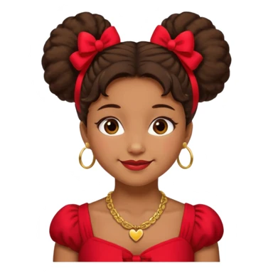 Brownskin girl dark brown hair fluffy.Two buns with red bows brown eyes smiling closed mouth red shift gold necklace sticker