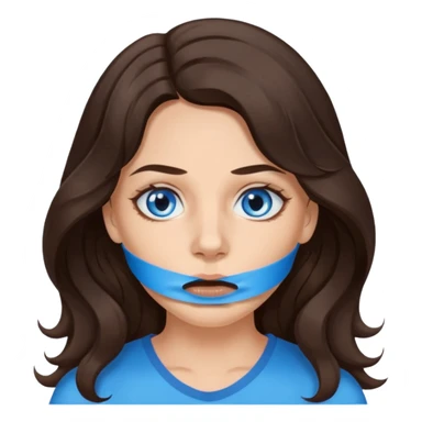 Female long wavy dark brown hair blue eyes, tape over mouth, victim of DV sticker