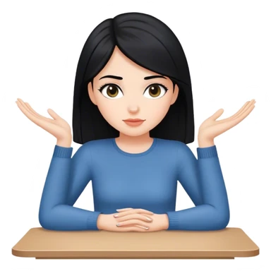 white girl full body black hair sitting at table with hands flat sticker