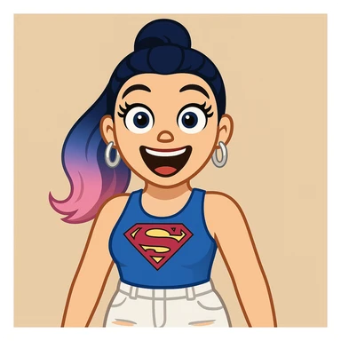 Create a girl character in emoji style with the same face and outfit as the reference image. Change the hair to a high ponytail dark blue ombre, blue eyes, very excited expression, thick black eyeliner, thick long eyelashes, light pink lips, large upper body visible, wearing white ripped cargo pants. sticker