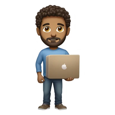 men carrying a computer in his hands. light brown skin men with curly dark brown hair, brown eyes, little grown beard. imposing, bit muscular build. dressed casual. sticker