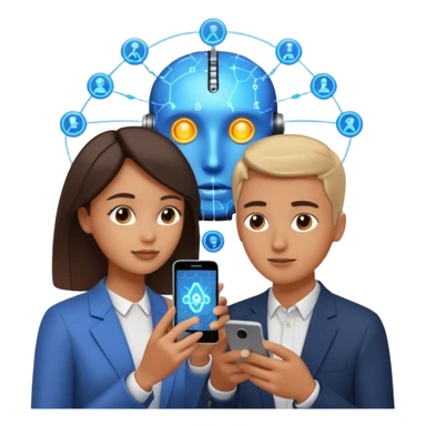 Generate a realistic emoji of a two people using a phone which shows artificial intelligence. Out of the phone is coming 3d ideas and electric symbols and a lot of small ideas popping up sticker
