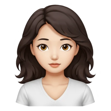 iOS style emoji. A girl with very long dark brown wavy hair. And the eyes color is dark brown. And she is wearing white t shirt with V kneck. And she is 30. She is Asian with double eyelids  sticker