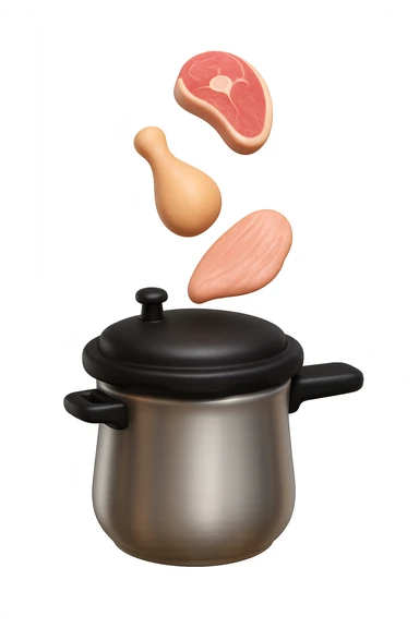 emoji stile iphone in 3d di una pentola a pressione dentro cui cadono agnello, pollo e tacchino crudi da cuocere, iperrealistico 4k sticker