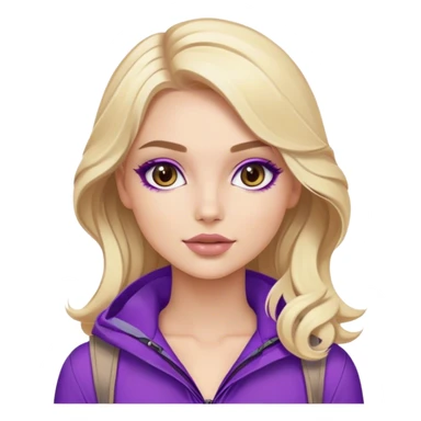 Luxury blonde model, brown eyes, luxury makeup, sleek wavy beige-blonde hair, purple hiking outfit sticker