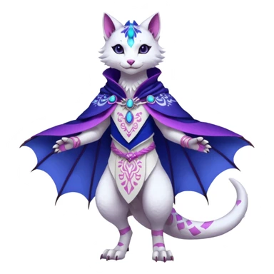 Kawaii white, indigo, purple, pink cute beautiful pretty elegant divine edgy feline-vernid-sergal-Haku-dragon-fursona-animal-creature, full body, with intricate detailed markings, Embroidered capelet, silken shawl sticker