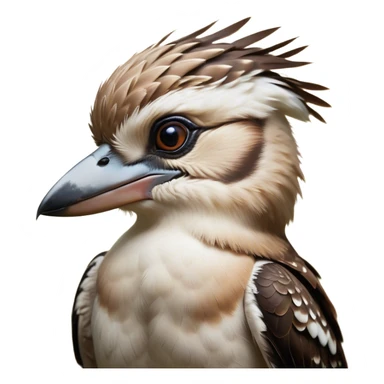 Cinematic Noble Kookaburra Portrait Emoji, Poised and regal, with a stout, robust build and a striking plumage of earthy browns and creams, a strong beak and deep-set soulful eyes, Simplified yet sharp and sophisticated features, highly detailed, glowing with a soft, dignified glow, high shine, intelligent and exuberant, stylized with an air of native woodland majesty, focused and attentive, soft glowing outline, capturing the essence of a watchful and confident bird, so majestic it feels as though it could laugh out of the screen with effortless authority! sticker
