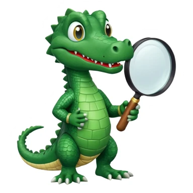A claymation-style academic alligator holding a magnifying glass. The background is a solid white circle sticker