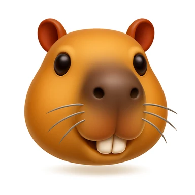 Create a capybara emoji that looks exactly like the reference image in iOS emoji style. The emoji should have a 3D appearance with shiny, smooth gradients, soft shadows, and a realistic capybara head with a classic emoji look. Add a soft shadow under the head. sticker