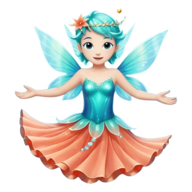 portrait of a small ocean fairy with translucent fins for wings, turquoise skin, coral-like dress, floating above water with sparkles around, joyful pose, front-facing, magical vibe sticker