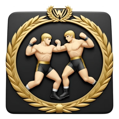 An icon symbolizing wrestling combat sports in the style of an emblem. The design features two wrestlers locked in a powerful grapple, one attempting to take the other down. Surrounding the scene are stylized elements like a championship belt, wrestling mat, and a laurel wreath.  sticker