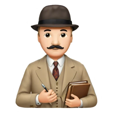 A cinematic-style frame showing Hercule Poirot in his iconic suit with a notebook in a dramatic detective pose. Background should be mysterious city, map, a board with photos of suspects, clues like fingerprints. Transparent background. sticker