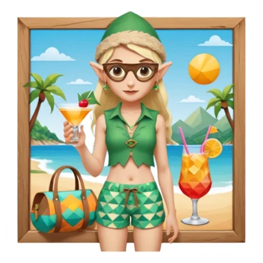 elf female legolas portrait, patterned board shorts (geometric/abstract), unique wooden-framed sunglasses, undercut hairstyle, slight smirk, visible pointy ears, no background, centered emoji, hipster summer vibe coctails with summer hat sticker